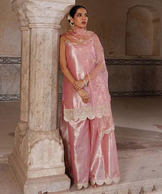 Pink embroidered tissue sharara set 2