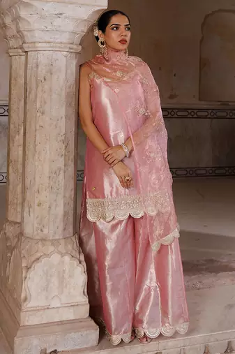 Pink embroidered tissue sharara set