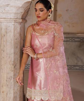 Pink embroidered tissue sharara set 3