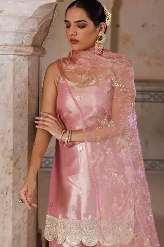 Pink embroidered tissue sharara set