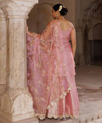 Pink embroidered tissue sharara set 4