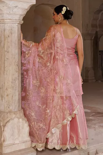 Pink embroidered tissue sharara set