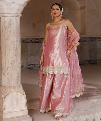 Pink embroidered tissue sharara set 5