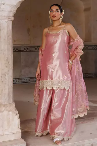 Pink embroidered tissue sharara set