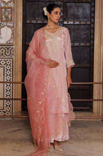 Pink embroidered silk kurta set