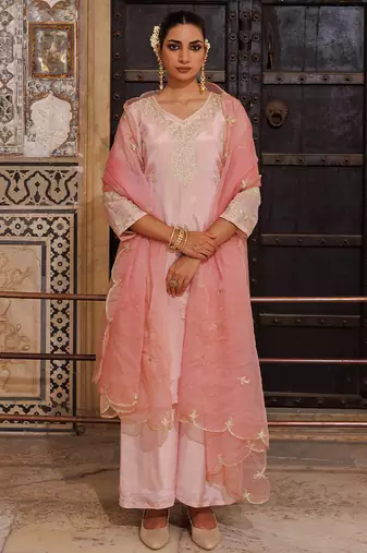 Pink embroidered silk kurta set