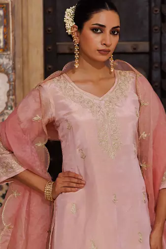 Pink embroidered silk kurta set