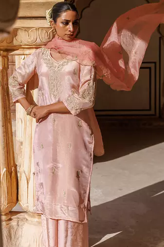 Pink embroidered silk kurta set