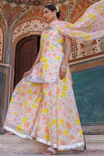 Multicolor printed chanderi sharara set
