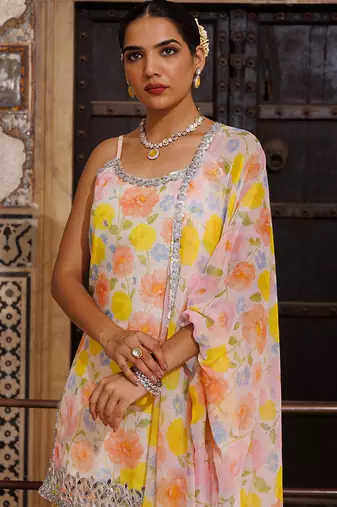 Multicolor printed chanderi sharara set