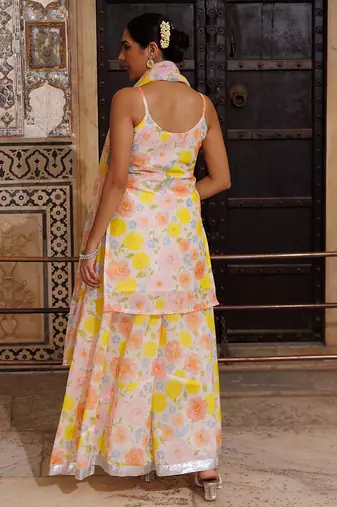 Multicolor printed chanderi sharara set