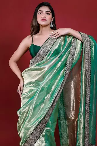 Green Color Embroidered Tissue Silk blend Saree