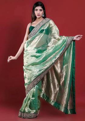Green Color Embroidered Tissue Silk blend Saree 2