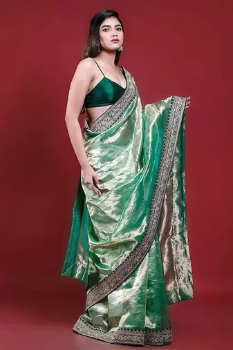 Green Color Embroidered Tissue Silk blend Saree