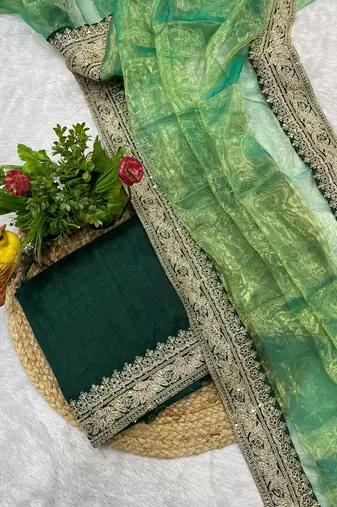 Green Color Embroidered Tissue Silk blend Saree