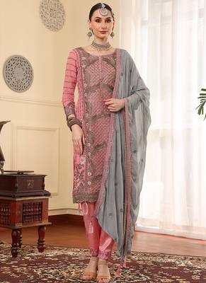 Pink thread embroidered faux georgette pakistani suit 1