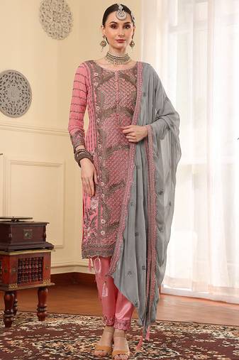Pink thread embroidered faux georgette pakistani suit