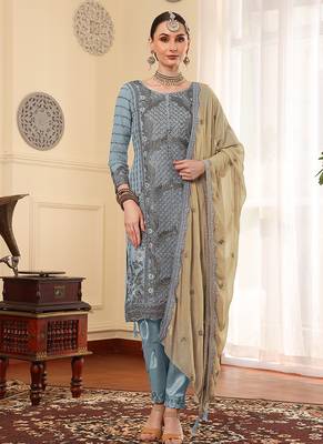 Grey thread embroidered faux georgette pakistani suit 1