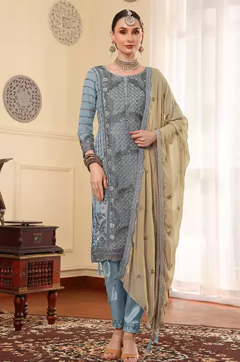 Grey thread embroidered faux georgette pakistani suit