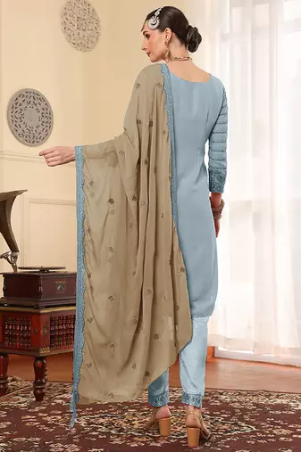 Grey thread embroidered faux georgette pakistani suit