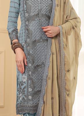 Grey thread embroidered faux georgette pakistani suit 3