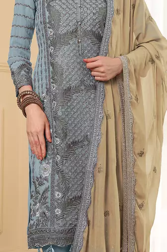 Grey thread embroidered faux georgette pakistani suit
