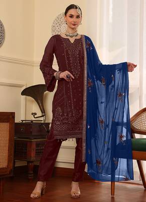 Maroon embroidered faux georgette pakistani suit 1