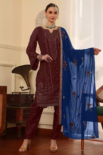 Maroon embroidered faux georgette pakistani suit