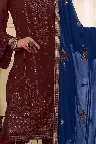 Maroon embroidered faux georgette pakistani suit