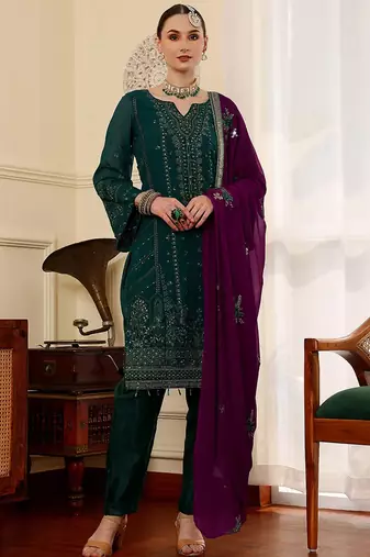 Green  embroidered faux georgette pakistani suit