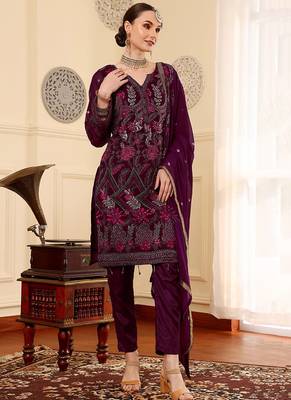 Wine embroidered faux georgette pakistani suit 1
