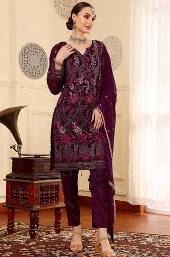 Wine embroidered faux georgette pakistani suit