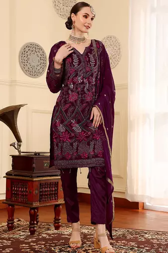 Wine embroidered faux georgette pakistani suit