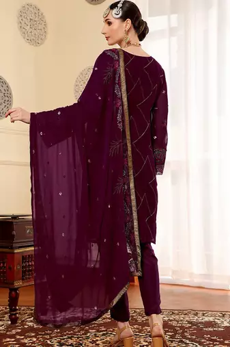 Wine embroidered faux georgette pakistani suit