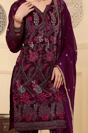 Wine embroidered faux georgette pakistani suit