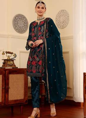 Rama blue embroidered faux georgette pakistani suit 1