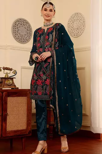 Rama blue embroidered faux georgette pakistani suit