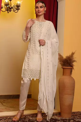 Off white embroidered faux georgette pakistani suit