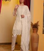 Off white embroidered faux georgette pakistani suit