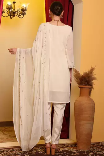 Off white embroidered faux georgette pakistani suit