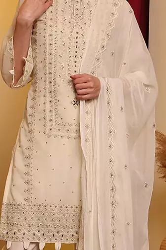 Off white embroidered faux georgette pakistani suit
