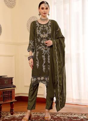 Mehendi embroidered faux georgette pakistani suit 1