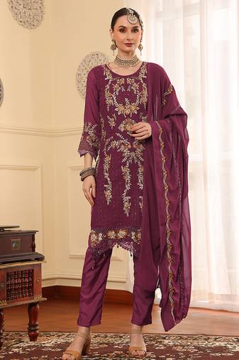 Lavender embroidered faux georgette pakistani suit