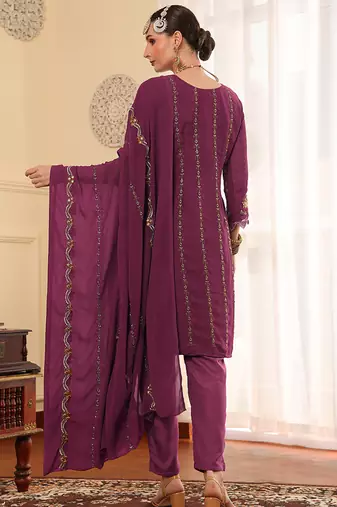 Lavender embroidered faux georgette pakistani suit