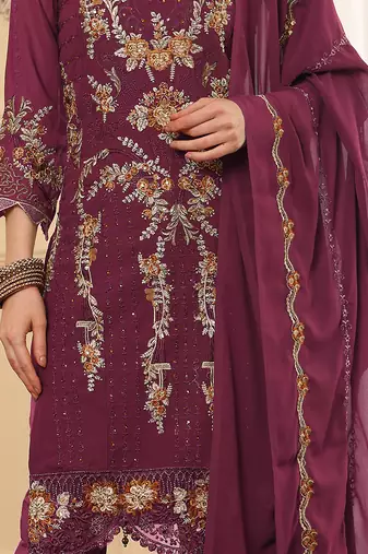 Lavender embroidered faux georgette pakistani suit