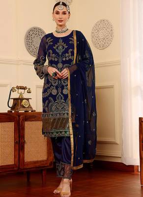 Navy blue embroidered faux georgette pakistani suit 1