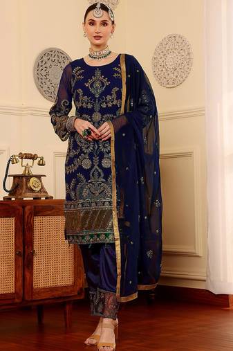 Navy blue embroidered faux georgette pakistani suit