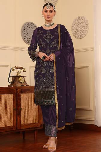 Wine embroidered faux georgette pakistani suit