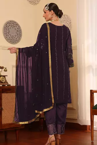 Wine embroidered faux georgette pakistani suit