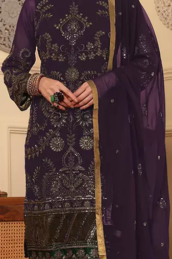 Wine embroidered faux georgette pakistani suit